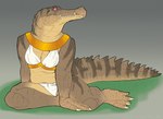 anthro breasts brown_body brown_scales claws clothed clothing feet female front_view looking_aside medium_breasts membrane_(anatomy) non-mammal_breasts partially_clothed pink_sclera red_eyes scales sharp_teeth sitting skimpy solo teeth toes topwear underwear webbed_feet webbed_hands silenceartwork crocodilian reptile sarcosuchus scalie 2023 digital_drawing_(artwork) digital_media_(artwork) hi_res