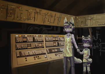 anthro clothed clothing control_panel duo factory family female industrial kemono male retro technology worker young lluumi canid canine mammal absurd_res hi_res sibling_(lore)
