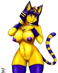 anthro areola armor armwear big_breasts blue_areola blue_hair blue_nipples breasts butt clothing egyptian egyptian_clothing egyptian_headdress female fur genitals hair legwear looking_at_viewer markings nipples pupils pussy simple_background slit_pupils solo standing stockings striped_markings striped_tail stripes tail tail_markings thick_thighs uraeus vambrace white_background yellow_body yellow_eyes yellow_fur 9live animal_crossing nintendo ankha_(animal_crossing) domestic_cat felid feline felis mammal