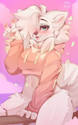 anthro biped blue_eyes blush bottomless branch breasts clothed clothing collar crop_hoodie eyebrows eyelashes female fingerpads fur gesture hair hair_over_eye hand_gesture hand_pawpads hoodie navel pawpads pink_clothing pink_collar pink_hoodie pink_tongue pink_topwear solo tail tongue tongue_out topwear v_sign white_body white_fur white_hair mayrin_(artist) vilka canid canine canis domestic_dog mammal nordic_sled_dog samoyed spitz 2025 absurd_res alternate_version_at_source digital_media_(artwork) hi_res shaded