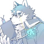1:1 anthro black_and_white_fur black_sclera blush book bookmark canid canine canis domestic_dog embarrassed eyewear glasses hagio_graphy hi_res lifewonders male mammal masanori_(tas) solo tokyo_afterschool_summoners
