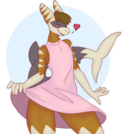 anthro brown_body brown_fur brown_hair clothed clothing crossdressing dress eyes_closed fangs front_view fur grey_body hair male male_anthro pink_clothing pink_dress short_hair simple_background smile solo standing striped_arms striped_ears teeth white_body hardscales aquatic fish shark hi_res portrait three-quarter_portrait