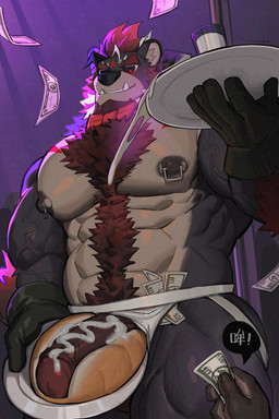 abs ahoge anthro balls barazoku big_penis black_sclera bodily_fluids body_hair bow_tie butt chest_tuft clothing cum cum_on_penis fangs genital_fluids genitals gloves hair handwear happy_trail holding_tray hot_dog_bun jockstrap looking_at_viewer looking_down looking_down_at_viewer low-angle_view male money money_rain mostly_nude muscular muscular_arms muscular_legs muscular_male nipple_piercing nipples offering_money offscreen_character pecs penis penis_in_food penis_through_underwear piercing plate pole red_eyes smile solo stripper_pole teeth tuft underwear veiny_arms uriex ambiguous_species 2:3 hi_res