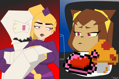 1_eye anthro blonde_hair brown_hair clothing female food fungus group hair male mushroom purple_clothing purple_eyes super_mushroom trio batboyexe gameoverse glitch_productions mario_bros nintendo woman_yelling_at_a_cat fold_(gameoverse) kit_bodega miss_information domestic_cat felid feline felis human mammal paper_creature 3:2 hi_res meme