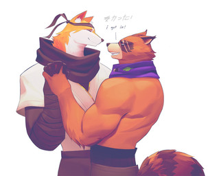 5_fingers anthro anthro_on_anthro brown_body brown_fur clothed clothing duo eye_scar facial_scar fingers fur hand_holding humanoid_hands male male/male scar scarf topless topless_anthro topless_male dekryptids epic_games fortnite fortnite_concept_skin hajime_(fortnite) canid canine mammal raccoon_dog tanuki character_request colored hi_res