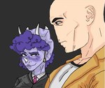 anthro bald biped blush business_suit clothed clothed_anthro clothed_female clothed_human clothed_male clothing duo eyebrows facial_horn female frown grey_background hair horn jacket looking_at_another looking_down male male/female markings narrowed_eyes purple_body purple_eyes purple_hair purple_scales raised_eyebrow scales shirt simple_background smile smirk spots spotted_markings suit topwear white_clothing white_shirt white_topwear yellow_clothing yellow_jacket_(clothing) yellow_topwear unknown_artist cavemanon_studios goodbye_volcano_high snoot_game anon_(snoot_game) trish_(gvh) ceratopsian dinosaur human mammal ornithischian prehistoric_species reptile scalie triceratops 2024 colored shaded