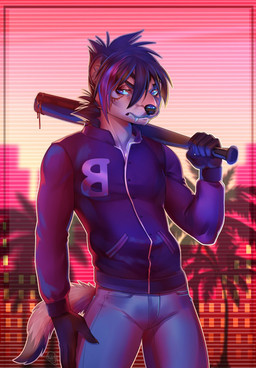 anthro black_hair black_nose blood blue_eyes bodily_fluids clothed clothing hair holding_object holding_weapon male solo synthwave weapon sorafoxyteils hotline_miami mammal 2017 hi_res