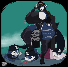 annoyed anthro big_breasts big_bulge blue_eyes boots breasts bulge clothed clothing footwear grumpy gynomorph hat headgear headwear huge_breasts huge_bulge intersex leotard null_bulge overcoat pose shoes solo text wobble box-s irma_(grammaticerror) aquatic fish shark whaleshark 2026 absurd_res dated english_text hi_res signature
