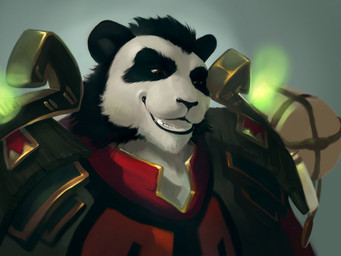 anthro armor beard black_beard black_facial_hair black_hair black_nose brown_eyes clothed clothing facial_hair front_view fur glistening glistening_eyes grin hair male male_anthro overweight overweight_anthro overweight_male short_hair simple_background smile solo white_body white_fur darkgem blizzard_entertainment warcraft bear mammal pandaren 4:3 bust_portrait portrait