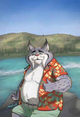 anthro bottomwear claws clothing facial_hair fingers fur gesture grey_body grey_fur hand_gesture male male_anthro markings mature_anthro mature_male mustache pink_nose shirt solo spots spotted_body spotted_fur swimwear thumbs_up topwear tuft unbuttoned_shirt water whiskers manfred_chan7 disney zootopia milton_lynxley canada_lynx felid feline lynx mammal hi_res