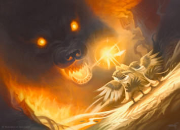 ambiguous_gender beak black_body black_fur building dutch_angle extreme_size_difference feathered_wings feathers feral fire fur glowing glowing_eyes group holding_object house macro magic open_mouth sharp_teeth size_difference standing tail teeth wings edgar_sanchez_hidalgo hasbro magic:_the_gathering wizards_of_the_coast avian bird canid mammal absurd_res hi_res official_art