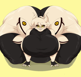 abstract_background all_fours antennae_(anatomy) anthro belly big_belly big_breasts big_butt black_clothing black_sclera breasts butt cleavage clothed clothing eyebrows eyelashes eyewear female fingerless_gloves glasses gloves hair handwear huge_belly huge_breasts huge_butt hyper hyper_belly hyper_breasts hyper_butt insect_wings legwear lepidopteran_wings one-piece_swimsuit round_glasses shadow sharp_teeth simple_background smile smiling_at_viewer solo sweater swimwear teeth thick_thighs thigh_highs topwear turtleneck white_body white_hair white_skin wide_hips wings yellow_background yellow_eyes elpegakito the_binding_of_isaac_(series) delirium_(tboi) nov_(noveuxa) arthropod insect lepidopteran moth full-length_portrait hi_res portrait