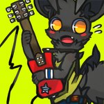 :o ambiguous_gender anthro belt black_body black_fur blush bodily_fluids bottomwear clothing cute_fangs fangs fluffy fluffy_tail fur green_background guitar guitar_strap holding_object inner_ear_fluff kemono musical_instrument neck_tuft no_pupils open_mouth orange_eyes pants plucked_string_instrument red_guitar shirt simple_background solo string_instrument sweat tail tank_top teeth topwear tuft wristband young dinogaize mighty_(dinogaize) 1:1 2015 shaded simple_shading