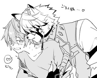 anthro blush clothing duo fingerless_gloves gloves handwear harness heart_symbol human_on_anthro interspecies leather leather_harness male male/male suggestive_pose tktkboo mihoyo zenless_zone_zero von_lycaon wise_(zenless_zone_zero) canid canine canis human mammal wolf monochrome