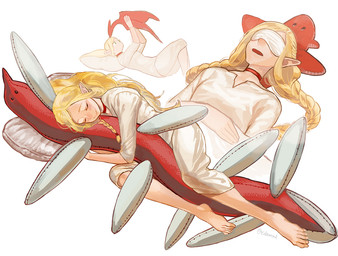 animal_plushie arms_bent bent_legs biped blindfold blonde_hair body_pillow braided_hair choker clothed clothing eyemask eyes_closed eyewear female hair hands_crossed holding_object holding_plushie hug hugging_object hugging_pillow jewelry knees_up light_body light_skin long_hair looking_at_object looking_up lying mask necklace on_back on_side onesie open_mouth pigtails pillow plantigrade plushie side_view simple_background sleep_mask sleeping smile solo white_background white_onesie edo_mond delicious_in_dungeon marcille_donato elf humanoid skyfish 2024 digital_media_(artwork) digital_painting_(artwork) multiple_scenes painting_(artwork) shaded signature soft_shading