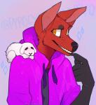 2017 amber_eyes anthro black_body black_fur blue_(pyrocynical) bust_portrait canid canine carrying_another claws clothing digital_media_(artwork) duo eyes_closed feral freckles fur hoodie lagomorph leporid looking_at_viewer male mammal mourn_the_buck on_shoulder portrait pyrocynical rabbit red_body red_fur size_difference smile teeth topwear twitter white_body white_fur young youtuber