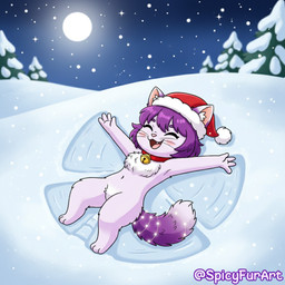 barbie_doll_anatomy christmas_clothing christmas_headwear clothing eyes_closed female fluffy fluffy_tail fur hat headgear headwear holidays outside purple_body purple_fur santa_hat smile snow snow_angel solo tail winter young spicyfurart christmas mallow_blaze domestic_cat felid feline felis mammal 1:1