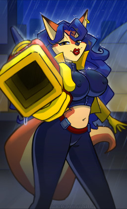 anthro big_breasts blue_hair bottomwear breasts brown_body clothing ear_piercing ear_ring female gloves green_eyes hair handwear holding_object lipstick long_hair looking_at_viewer makeup navel night nipple_outline outside pants piercing raining ring_piercing solo star yellow_clothing yellow_gloves yellow_handwear igazella sly_cooper_(series) sony_corporation sony_interactive_entertainment sucker_punch_productions carmelita_fox canid canine fox mammal hi_res