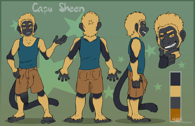 amber_eyes anthro big_bulge big_penis bulge clothing flaccid foreskin genitals grin hand_on_hip huge_bulge huge_penis humanoid_genitalia humanoid_penis hyper hyper_genitalia hyper_penis long_foreskin long_penis looking_at_viewer male penis penis_poking_out penis_through_leghole plantigrade prehensile_tail small_but_hung smile solo tail thick_penis unretracted_foreskin young young_anthro young_male delicatessen capu_sheen haplorhine mammal monkey primate absurd_res hi_res model_sheet