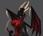 anthro big_breasts black_body blue_eyes breasts curvy_figure female grey_background horn hourglass_figure membrane_(anatomy) membranous_wings nipples non-mammal_nipples nude red_body simple_background solo tail thick_thighs wide_hips wings cosmicsevour sevour activision legend mythology spyro_the_dragon corrupt_cynder cynder dragon mythological_creature mythological_scalie scalie hi_res signature