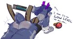 anthro breath butt cape clothing ears_down eyewear fluffy glasses horn male pivoted_ears presenting presenting_hindquarters solo tail text tongue tongue_out telpharonis atlyss poon_(atlyss) english_text hi_res
