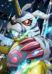 animal_skin anthro belly blue_fire breath_powers claws colored_fire elemental_manipulation fire fire_breathing fire_manipulation fur horn male red_eyes slightly_chubby solo striped_body striped_fur stripes yellow_body sutunununu bandai_namco digimon digimon_(species) gabumon hi_res