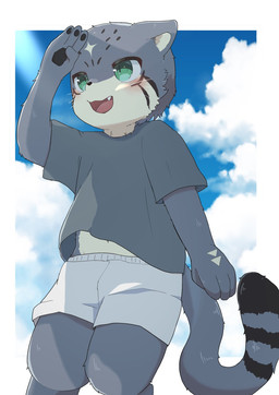 anthro bottomwear clothing cloud cloudy_sky countershading fangs fur green_eyes grey_body grey_clothing grey_fur grey_shirt grey_topwear kemono looking_away male open_mouth shirt shorts sky solo teeth topwear young young_anthro young_male shibireru felid feline mammal pallas's_cat 2025 hi_res japanese_description portrait three-quarter_portrait