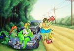 alcohol anthro barefoot belly beverage big_belly big_breasts big_butt biped blonde_hair bottomwear breasts brown_hair butt car cleavage clothed clothing curvy_figure feet female gasoline group hair hotpants makeup navel non-mammal_breasts on_hood overweight overweight_anthro overweight_female plant red_hair roadside shorts skimpy smoking stranded thick_thighs tree vehicle voluptuous wide_hips vdisco lily_sue_(spiketheklown) maryanne_(vdisco) tamsey_(vdisco) crocodile crocodilian crocodylid reptile scalie 2017