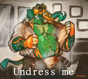 anthro belt body_hair clothing fur green_body green_fur looking_at_viewer male overweight overweight_anthro overweight_male solo striptease text tusks underwear undressing demoniyog nintendo pokemon copperajah elephant elephantid generation_8_pokemon mammal pokemon_(species) proboscidean 2026 hi_res