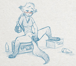 alcohol anthro beverage blush bottle bottomless box breasts chest_tuft clothed clothing container crossgender digitigrade drunk ears_down female fur genitals hair holding_bottle holding_container holding_object masturbation micro open_mouth pivoted_ears ponytail rum shirt simple_background size_difference solo substance_intoxication text topwear tuft vaginal vaginal_masturbation vulva white_background kovatch twokinds mike_(twokinds) canid canine fox keidran mammal red_fox true_fox english_text sketch