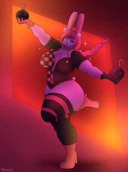 anthro big_butt bomb breasts butt clothing explosives eyeshadow facial_markings female gloves hair handwear head_markings holding_object legwear looking_at_viewer makeup markings red_eyes red_hair simple_background solo thick_thighs tongue tongue_out wide_hips photolol.03 in_heat_(game) poppi_(in_heat) lagomorph leporid mammal rabbit hi_res