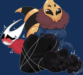 4_eyes 4_toes black_body blush bound cloak clothing curling_toes duo empty_eyes feet female foot_fetish foot_focus hand_on_butt legs_tied lying motion_lines multi_eye on_front red_cloak red_clothing thick_thighs tickling tickling_feet toes white_head limscast hollow_knight_(franchise) team_cherry hornet_(hollow_knight) queen_vespa_(hollow_knight) arthropod bee humanoid hymenopteran insect absurd_res alpha_channel hi_res
