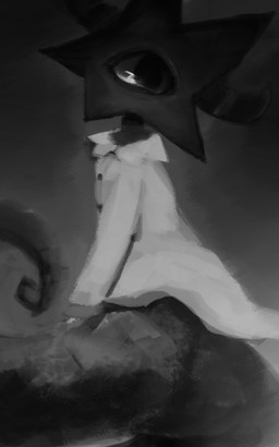 1_eye ambiguous_gender black_eyes clothing curled_tail glistening glistening_eyes grey_background horn looking_back mouthless simple_background solo tail white_clothing hasukii unknown_species 5:8 character_request hi_res monochrome