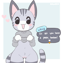 4_fingers :3 anthro black_body black_eyes black_fur blush bottomless butt butt_from_the_front clothed clothing clothing_lift dialogue dialogue_box female fingers fur genitals grey_body grey_clothing grey_fur grey_sweater grey_text_box grey_topwear header header_box heart_after_text heart_symbol innie_vulva looking_at_viewer markings multicolored_body multicolored_fur navel open_:3 open_mouth open_smile partially_clothed pear-shaped_figure simple_background smile solo standing striped_markings striped_tail stripes sweater sweater_lift tail tail_markings talking_to_viewer text text_box text_with_heart thigh_gap topwear vulva white_body white_fur white_heart white_text wide_hips sataenart animal_crossing nintendo lolly_(animal_crossing) domestic_cat felid feline felis mammal 1:1 2021 absurd_res english_text hi_res watermark