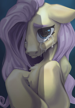 abstract_background big_eyes bodily_fluids crying ears_back female feral hair long_hair looking_at_viewer looking_up pink_hair pivoted_ears simple_background solo tears stirren friendship_is_magic hasbro my_little_pony fluttershy_(mlp) equid equine mammal hi_res