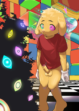 3_toes 5_fingers anthro balls biped black_eyebrows bodily_fluids bottomless bottomless_anthro bottomless_male brown_eyes checkered checkered_floor clothed clothed_anthro clothed_male clothing drooling emanata erection eyebrows fangs feet fingers flash_emanata floppy_ears foreskin fur genitals glans glistening glistening_balls glistening_eyes glistening_genitalia glistening_glans glistening_penis gloves handwear humanoid_genitalia humanoid_penis hypnosis male male_anthro mind_control mismatched_genitalia mismatched_humanoid_penis mismatched_penis open_mouth orange_balls orange_body orange_fur orange_nose orange_penis orange_tail partially_retracted_foreskin penis red_clothing red_glans red_shirt red_t-shirt red_topwear ringed_eyes saliva shirt short_tail solo t-shirt tail teeth toes topwear white_clothing white_gloves white_handwear yellow_sclera potato_12_13 glitch_productions the_amazing_digital_circus scratch_(tadc) abstraction_(tadc) bird_dog canid canine canis domestic_dog golden_retriever hunting_dog mammal retriever 2026 absurd_res digital_media_(artwork) hi_res