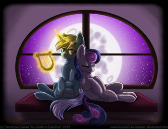 blonde_hair cutie_mark duo eyes_closed female feral glowing hair horn levitation lyre magic moon multicolored_hair musical_instrument plucked_string_instrument quadruped sitting sleeping sparkles star string_instrument tail two_tone_hair window window_seat yellow_eyes inuhoshi-to-darkpen friendship_is_magic hasbro my_little_pony mythology bonbon_(mlp) lyra_heartstrings_(mlp) earth_pony equid equine horse mammal mythological_creature mythological_equine pony unicorn