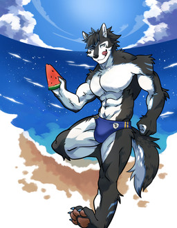5_fingers anthro beach black_body black_fur black_nose blue_body blue_claws blue_fur bulge cellphone claws clothing digitigrade ears_up electronics fingers fluffy fluffy_tail food fruit fur looking_at_viewer male melon muscular muscular_anthro muscular_male phone plant seaside smile solo speedo standing swimwear tail tuft walking watermelon white_body white_fur yellow_eyes discordnight_(artist) thunderrangers archermagnum canid canine canis mammal wolf 2022 absurd_res digital_media_(artwork) hi_res signature