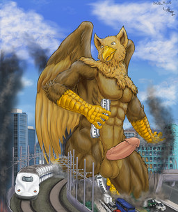 5_fingers abs anthro balls beak biceps biped brown_body brown_fur building building_destruction city city_background city_destruction cityscape claws crush destruction erection feathered_wings feathers feet finger_claws fingers fur genitals house landscape_dwarfing macro macro_anthro macro_male male muscular muscular_anthro muscular_male nude outside pecs penile penis public_transportation rampage sky smile solo tail toes train vehicle vehicle_destruction vein veiny_penis wings shimatabi mythology carpo avian gryphon mythological_avian mythological_creature hi_res