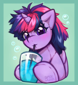 blush bubble container cup drinking drinking_straw female feral horn looking_at_viewer plushie simple_background solo wings moewwur friendship_is_magic hasbro my_little_pony mythology twilight_sparkle_(mlp) equid equine mammal mythological_creature mythological_equine winged_unicorn absurd_res hi_res