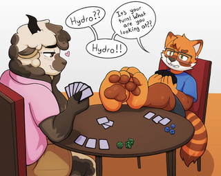 anthro bedroom_eyes blush blush_lines brown_body brown_fur brown_wool card_game chair clothed clothing dice distracted duo eyewear feet foot_fetish foot_on_table fur furniture gaming glasses heart_symbol holding_cards looking_at_foot male male/male narrowed_eyes orange_body orange_fur seductive table white_body white_fur white_wool wool_(fur) simbnea hydro_(hydro19) ailurid bovid caprine domestic_sheep jacob_sheep mammal red_panda sheep 5:4 absurd_res hi_res