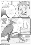 2022 anthro apron belly biped bodily_fluids bon_donuts bottomwear butt clothing comic english_text hi_res kemono male mammal monochrome musclegut muscular pants shirt solo suid suina sus_(pig) sweat text topwear wild_boar