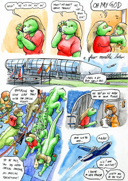 10_legs 3_toes 4_fingers abstract_background aircraft airplane airport aisle baby back_groove backpack barefoot big_hands blonde_hair blue_clothing blue_shirt blue_sky blue_topwear bottomless bottomwear brown_body brown_hair building calling cellphone claws clothed clothing day dialogue doorway dot_eyes driveway earless electronics feet female fingers flag flag_(object) flagpole flight_attendant floor flying french_flag furgonomics gaping_mouth glass_window grass green_body green_clothing green_shirt green_topwear group hair hands_out hat headgear headwear high-angle_view holding_cellphone holding_object holding_paper holding_phone house inside jacket jet long_hair looking_aside looking_at_another looking_up male multi_leg multi_limb on_another open_mouth orange_clothing orange_eyes orange_hair orange_jacket orange_shirt orange_topwear outside outstretched_arms panic_attack panicking paper paws phone phone_call plant raised_arm red_clothing red_shirt red_t-shirt red_topwear road rope_barrier screaming sharp_teeth shirt short_hair sign simple_background simple_eyes sky smile snout speech_bubble standing straight_hair suitcase surprised t-shirt tail take_off tapering_tail taur_ride teeth text thick_tail tile tile_floor toes tongue tongue_out topwear travel vehicle walking walkway wall_(structure) wall_phone white_background white_clothing white_topwear wide_eyed work_uniform yellow_claws young young_female young_male young_taur cervelet crystal_(growing_troubles) lazuli_(growing_troubles) liz_(growing_troubles) maria_(growing_troubles) miles_(growing_troubles) zillie_(growing_troubles) lizard lizard_taur long_taur reptile reptile_taur scalie scalie_taur taur 2019 comic english_text handwritten_text multiple_scenes painting_(artwork) shaded signature traditional_media_(artwork) traditional_painting_(artwork) traditional_watercolor_(artwork) watercolor_(artwork) brother_(lore) brother_and_sister_(lore) daughter_(lore) grandmother_(lore) grandparent_(lore) mother_(lore) mother_and_child_(lore) mother_and_daughter_(lore) mother_and_son_(lore) parent_(lore) parent_and_child_(lore) parent_and_daughter_(lore) parent_and_son_(lore) sibling_(lore) sister_(lore) sisters_(lore) son_(lore)