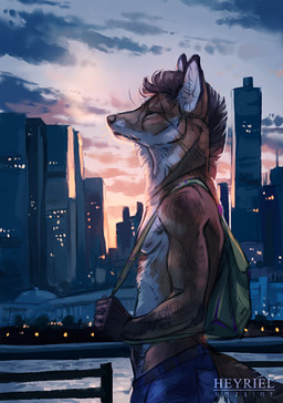 5_fingers anthro backpack city clothed clothing day detailed_background fingers male outside sky solo topless heyriel canid canine fox mammal digital_media_(artwork)