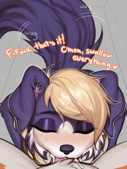 anthro big_penis blonde_hair bodily_fluids breasts collar cum cum_in_mouth cum_inside cumshot deep_throat dialogue drinking drinking_cum duo ejaculation erection eyes_closed fellatio female first_person_view floppy_ears fur genital_fluids genitals hair heart_symbol humanoid_genitalia humanoid_penis male male/female male_pov oral oral_penetration penetration penile penis purple_body purple_fur saliva sex tail tail_motion tailwag text hyattlen diane_(drako1997) border_collie canid canine canis collie domestic_dog herding_dog mammal pastoral_dog sheepdog 2025 3:4 english_text hi_res