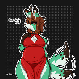 anthro clothed clothing collar embarrassed female pregnant pregnant_anthro pregnant_female solo tail tail_motion tailwag deerpuppyy mint_the_deerpuppy canid canine deer hybrid mammal 1:1 hi_res