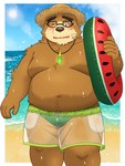 anthro beach belly blush bottomwear brown_body brown_fur clothing crystal embarrassed eyewear fur glasses hat headgear headwear jewelry male moobs navel necklace overweight overweight_male seaside shorts solo straw_hat swim_ring swimwear translucent translucent_clothing yaki_atsuage lifewonders tokyo_afterschool_summoners volos_(tas) bear mammal absurd_res hi_res