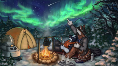 anthro aurora_(phenomenon) backwards_baseball_cap backwards_hat bag barefoot baseball_cap beverage campfire camping clothed clothing container cup detailed_background duo evergreen_tree feet food gesture hand_gesture hat headgear headwear looking_up lying male male/male mug night outside pine_tree plant pointing s'more shooting_star sitting snow tent tree vehicle winter gevual aquatic cetacean dolphin mammal oceanic_dolphin orca toothed_whale hi_res