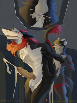 anal anthro balls bodily_fluids close-up cum cum_in_ass cum_inside duo erection from_behind_position genital_fluids genitals locker male male/male nude open_mouth raised_tail sex standing tail idrysse3 hybrid sergal hi_res