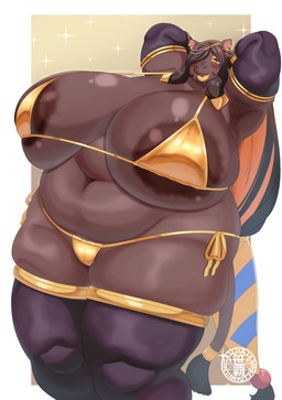 anthro areola areola_slip big_breasts bikini black_clothing black_hair black_legwear blush border breasts brown_areola brown_body clothing curvy_figure egyptian eyelashes eyeshadow female female_anthro glistening glistening_body glistening_breasts gold_bikini gold_lips hair hair_over_eye hands_behind_head huge_breasts hyper hyper_breasts legwear lips logo long_hair looking_at_viewer makeup micro_bikini navel overweight overweight_anthro overweight_female pose raised_arms side-tie_bikini skindentation small_head smile solo sparkles string_bikini swimwear tail tail_tuft thick_lips thick_thighs tuft two-piece_swimsuit voluptuous voluptuous_anthro voluptuous_female white_border yellow_eyeshadow sasanoha6011 golden_week common_hippopotamus hippopotamid mammal absurd_res artist_logo hi_res